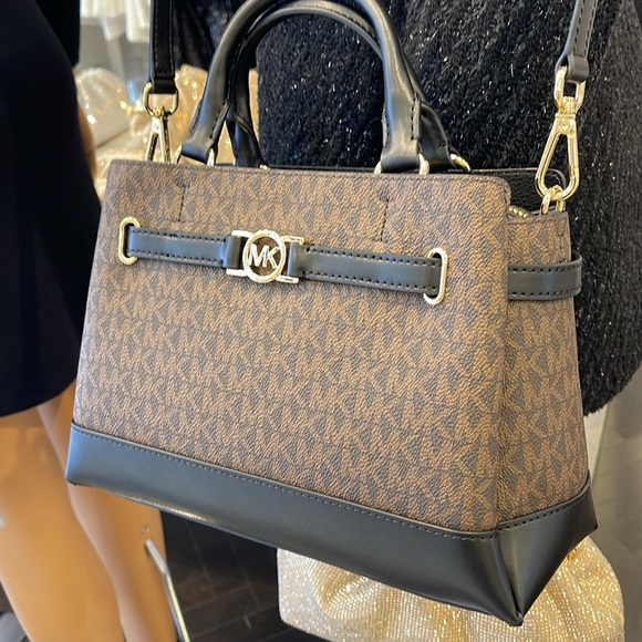 Michael Kors Reed Small Belted Logo Satchel Crossbody CZ Bag Purse
Brown/Black - Picture 15 of 16